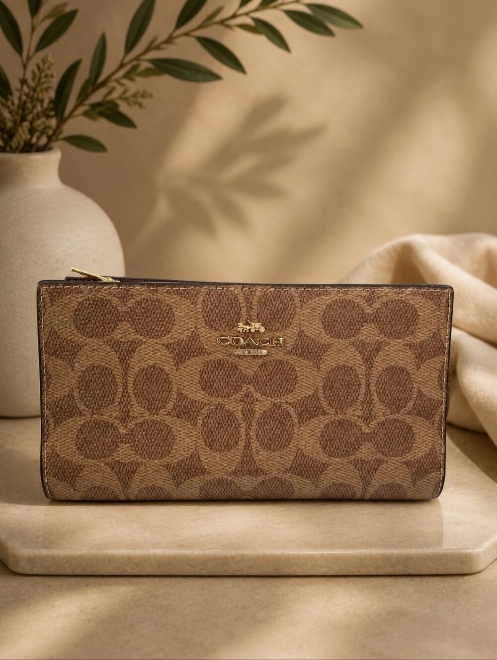 Coach Signature Canvas Slim Long Wallet Brown Leather Snap Closure NWOT